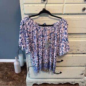 CeCe Blue and White Floral Blouse. Size XL, new with tags.